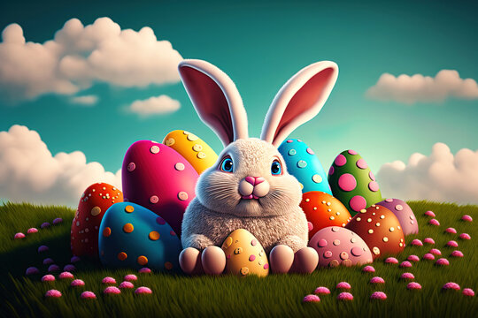 Easter bunny with colorful eggs in grass field full of flowers. Cartoon style digital artwork. Generative Ai