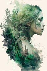 double exposure, woman and green landscape, nature, leaves, castle, beautiful face illustration, watercolor 