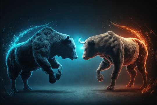 Bull and bear fighting, concept of stock market exchange or financial technology, Generative AI