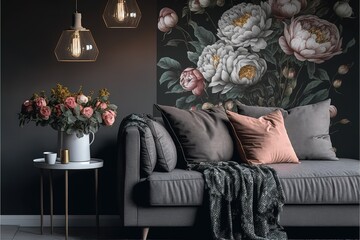 Blanket on grey couch in living room interior with flowers wallpaper and lamp on table