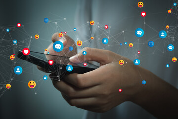 Social media and digital online concept, using smartphone and show technology icon, working from home concept, living on vacation and playing social media.