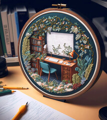 embroidered picture of the workplace, hobby, needlework, flowers, comfort, cute