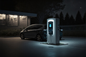 Fototapeta na wymiar Electric car charging stations at night. Ai generative