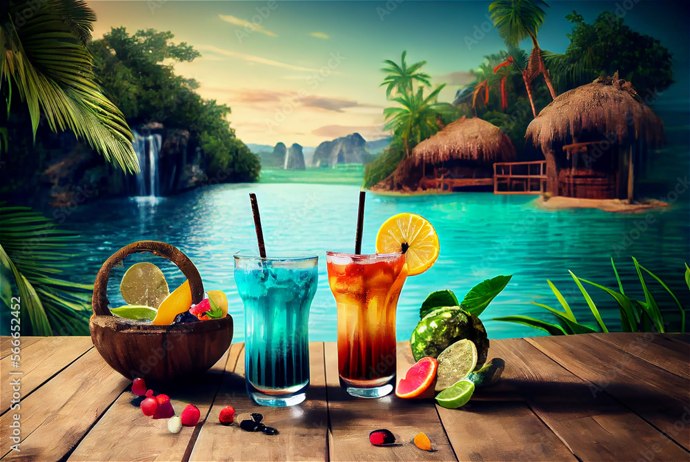 Sticker A couple of exotic cocktails by a tropical lagoon with a waterfall, generative AI