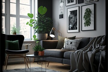 Interior of a contemporary apartment with a stylish and Scandinavian living room that features a gray sofa, pillows, plaid, plants, a design wooden toilet, a black table, a lamp, and abstract artworks