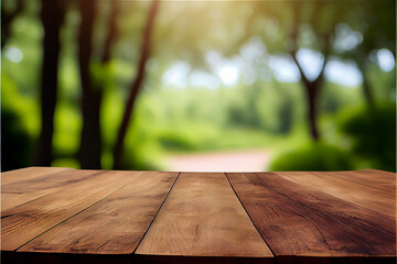 Park background with a wooden table top on the foreground, generative AI