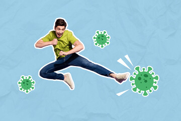 Creative image of jumping crazy guy leg kick virus influenza bacteria isolated on painted background