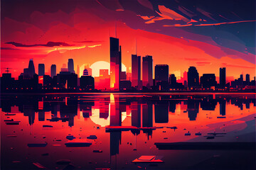 Fototapeta na wymiar illustration of a modern city with high-rise buildings at sunset in red and orange hues, generative AI