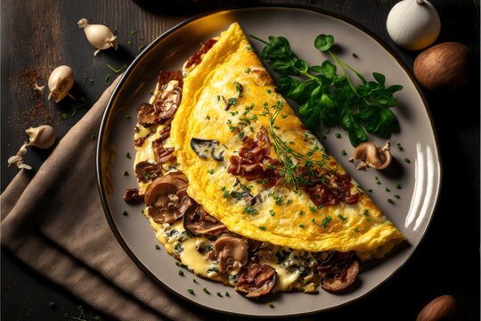  an omelet on a plate with mushrooms and greens on a tablecloth next to a knife and fork and a knife with a fork.  generative ai