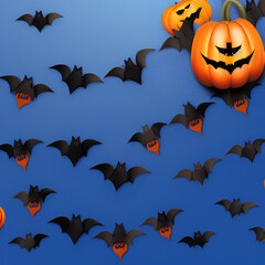 Fototapeta premium halloween frame with party decorations of bats ghosts spiders on blue background from above