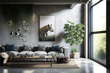 concrete living room interior in loft, industrial style
