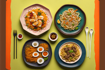  a table topped with plates of food and chopsticks next to a plate of noodles and shrimp and a plate of noodles and sauce.  generative ai