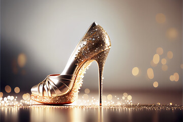 Beautiful gold shoe, high heel fashion footwear, with glitters on the background. AI generated. - obrazy, fototapety, plakaty