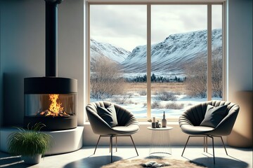 Light chill room interior with seats, fireplace near panoramic window