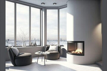 Light chill room interior with seats, fireplace near panoramic window