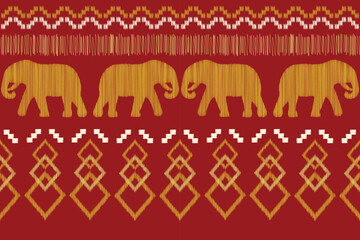 Ethnic Ikat fabric pattern geometric style.African Ikat embroidery elephant Ethnic oriental pattern crimson red background. Abstract,vector,illustration.Texture,clothing,wrapping,decoration,carpet.