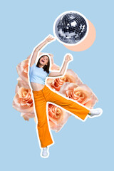Vertical creative photo collage of positive cheerful playful girl raising hands dance with...