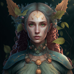 Fantasy character of a female elf in the woods