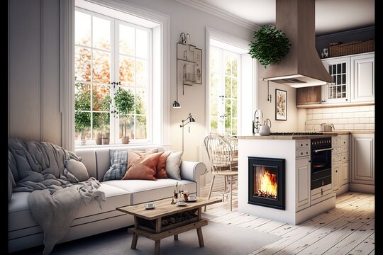 Open plan living room with white kitchen. Cozy patio with a fireplace