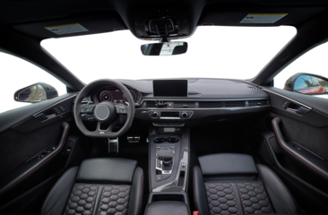 Inside moden car background, luxury car interior elements wallpaper. Inside car interior with transparent outside background. Black leather car interior