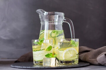 Refreshing drink. Lemon and cucumber with ice. copy space