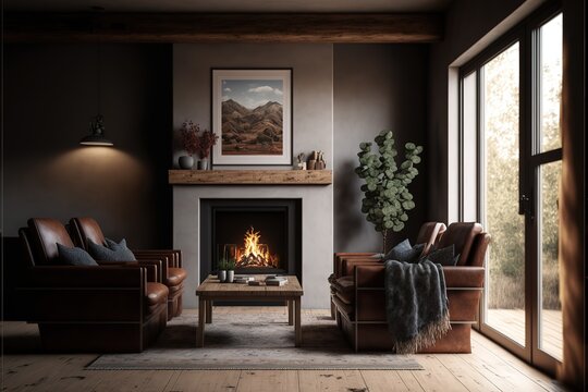 Simple Living Room In A Modern Farmhouse With Little Decoration Brown Leather Sofa And Armchairs With A Gas Fireplace With A Raw Edged Wooden Mantel