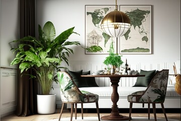 Stylish and eclectic dining room interior with mock up poster map, sharing table design chairs, gold pedant lamp and elegant sofa in second space. White walls, wooden parquet. Tropical leafs in vase