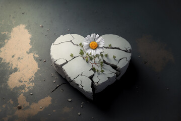 White daisy growing out of a cracked stone heart. Recovery from heartbreak concept. Created with generative AI technology.
