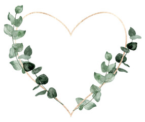 Heart-shaped leaf frame. Watercolor floral wreath made of green foliage and eucalyptus branches. PNg clipart on transparent background. - 566656034