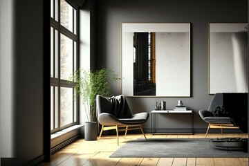 Mock up empty posters on the wall. Modern living room interior. Wooden floor and stylish furniture. Concept of contemporary design