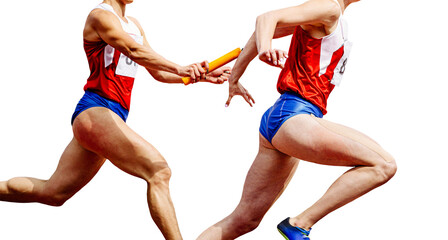 women sprinters runners passing relay baton