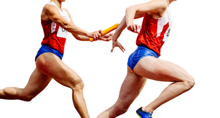 women sprinters runners passing relay baton