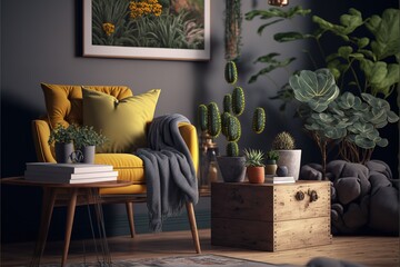 The modern boho interior of living room in cozy apartment with design coffee table, gray sofa, wooden cube honey yellow pillow, desk, green armchair, plants and elegant accessories. Modern home decor