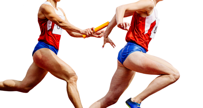 women sprinters runners passing relay baton