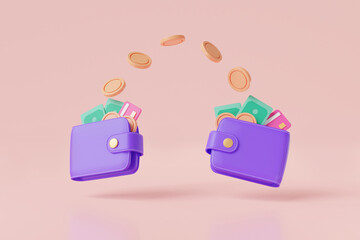 Money transfer from wallet to wallet. E-wallet, Digital wallet, Money online, Online cashback, financial transaction, shopping, online payment. Financial savings. banner. 3D rendering illustration