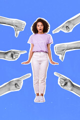 Vertical collage image of hand demonstrate thumb down point fingers impressed black white gamma...