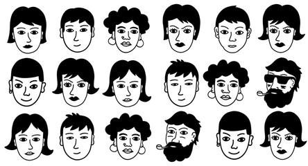 People faces avatar set. Black and white. Vector hand drawn illustration.