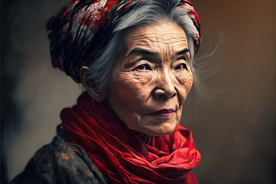 Beautiful Older Asian Woman in a Red Scarf. with Room for Copy (Generated with Ai)