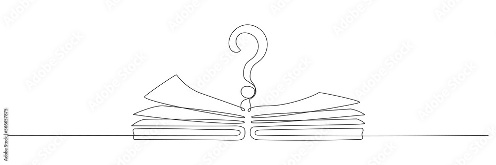 Wall mural Open book and question mark one continuous line drawing. Vector illustration isolated on white.