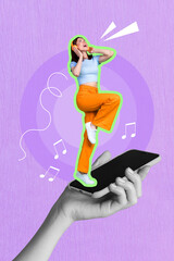 Vertical poster template collage of youngster hipster girl wear casual outfit listen headphones...