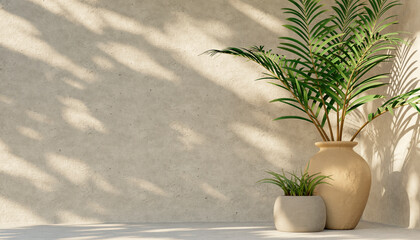 Minimal product placement background with tropical palm in clay pot and shadow on concrete wall. Luxury summer architecture interior aesthetic. Modern summer mockup design. - 566658054