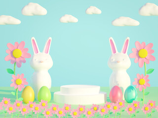 Colorful 3D rendering podium display with easter eggs,cute flower and rabbit.Empty showcase for  product presentation.