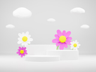 Colorful 3D rendering podium display with easter eggs,cute flower and rabbit.Empty showcase for  product presentation.