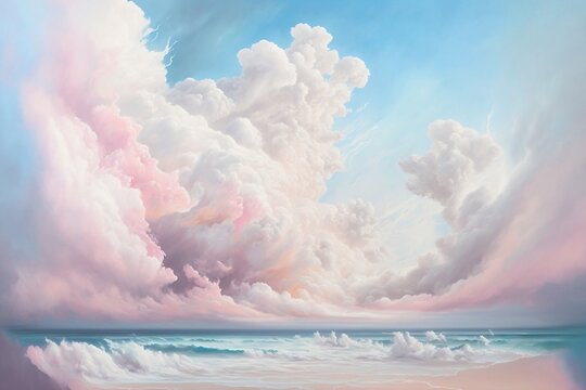 A serene dream-like landscape of billowing clouds and rolling waves in soft pastel hues of pink blue and white with gentle touches of light pink and sky blue - Generative Ai
