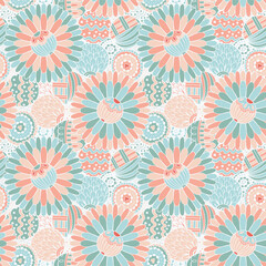 Fototapeta na wymiar Hand drawn Mandalas and circle decorative elements, Colourful Seamless pattern For fabrics, clothing, decoration, home decor, cards and templates, wrapping paper, kids prints.