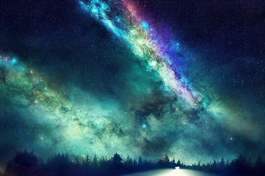 Starry Sky With Blue Milky Way. Night Landscape With Tree Against Colorful Milky Way. Amazing Galaxy. Nature Background With Beautiful Universe. Digital Artwork. Generative AI