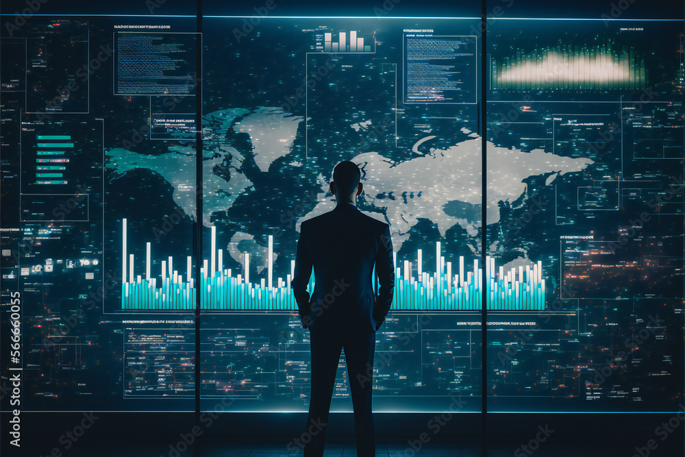 Poster businessman standing and looking screen digital transformation technology concept,future communicati