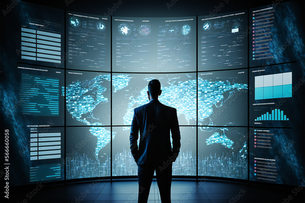 Poster businessman standing and looking screen digital transformation technology concept,future communicati
