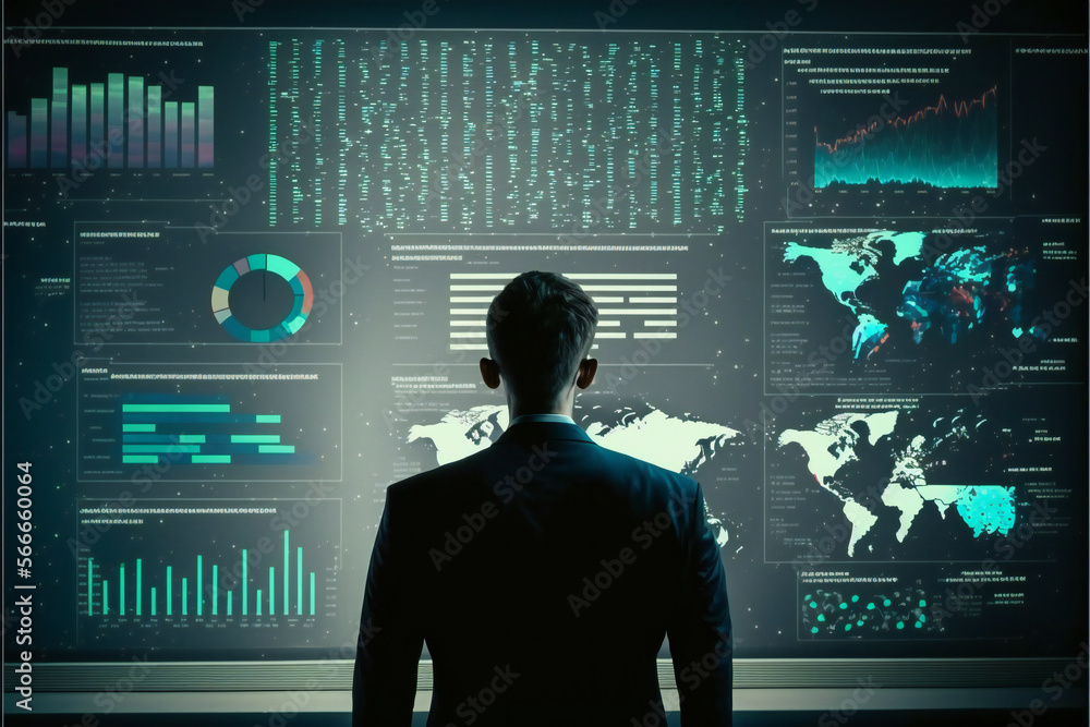 Poster businessman standing and looking screen digital transformation technology concept,future communicati