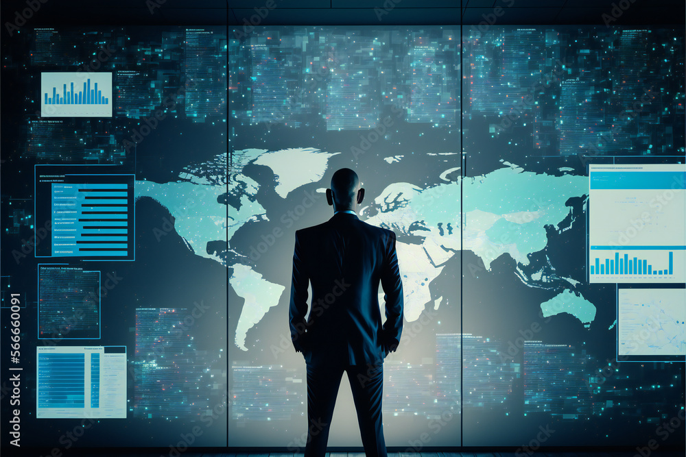 Poster businessman standing and looking screen digital transformation technology concept,future communicati